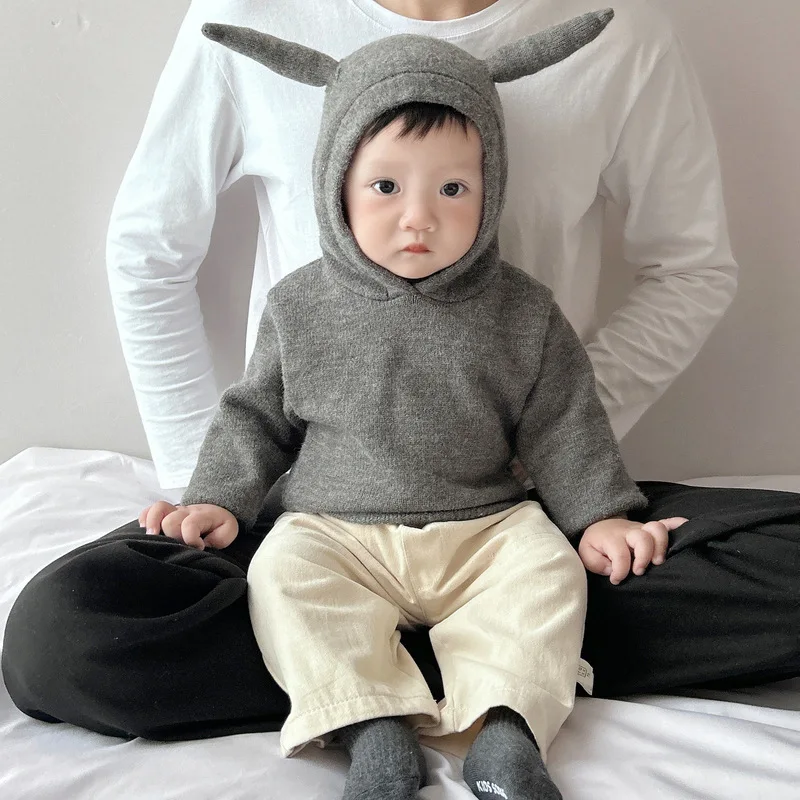 가을 겨울  ??소년 소녀 니트 후드 스웨터 솔리드 컬러 풀오버 편안한 긴팔 탑 어린이 의류 1-3 년