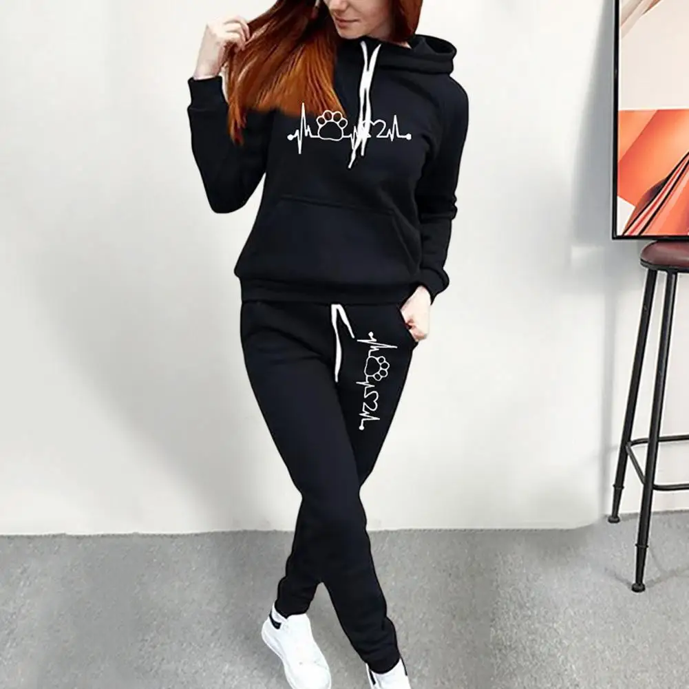 

2Pcs/Set Simple Sport Outfit Stretchy Top Trousers Set Long Sleeve Fall Winter Hooded Slim Fit Casual Tracksuit Coldproof