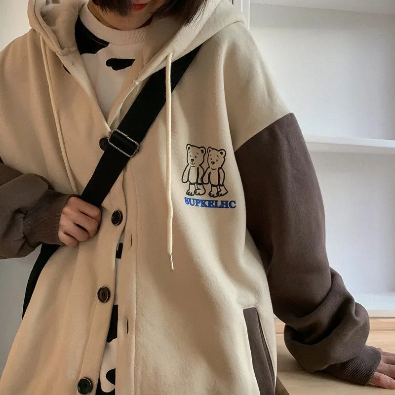 

Women Print Letter Zip Up Hoodies Student Korean Outwear Harajuku Sweatshirt Coats Streetwear Female Chic Bear Loose Jackets New