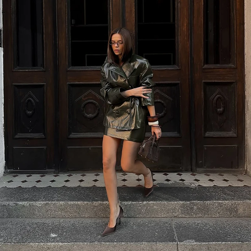 Leather Coat Skirt Women's Set Lapel Double Breasted Slim Coats Hip Package Skirts Female Sets 2025 Autumn Fashion Lady Suits