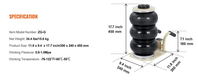 Martinetto Pneumatico VEVOR 3 Tonnellate - Cric Ad Aria Per Auto, Gamma 140-450mm - Foto 11