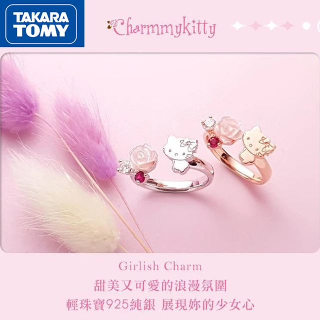 TAKARA TOMY 925 Sterling Silver Hello Kitty Diamond Rose Open Adjustable Ring Girls Sweet Hand Jewelry 1