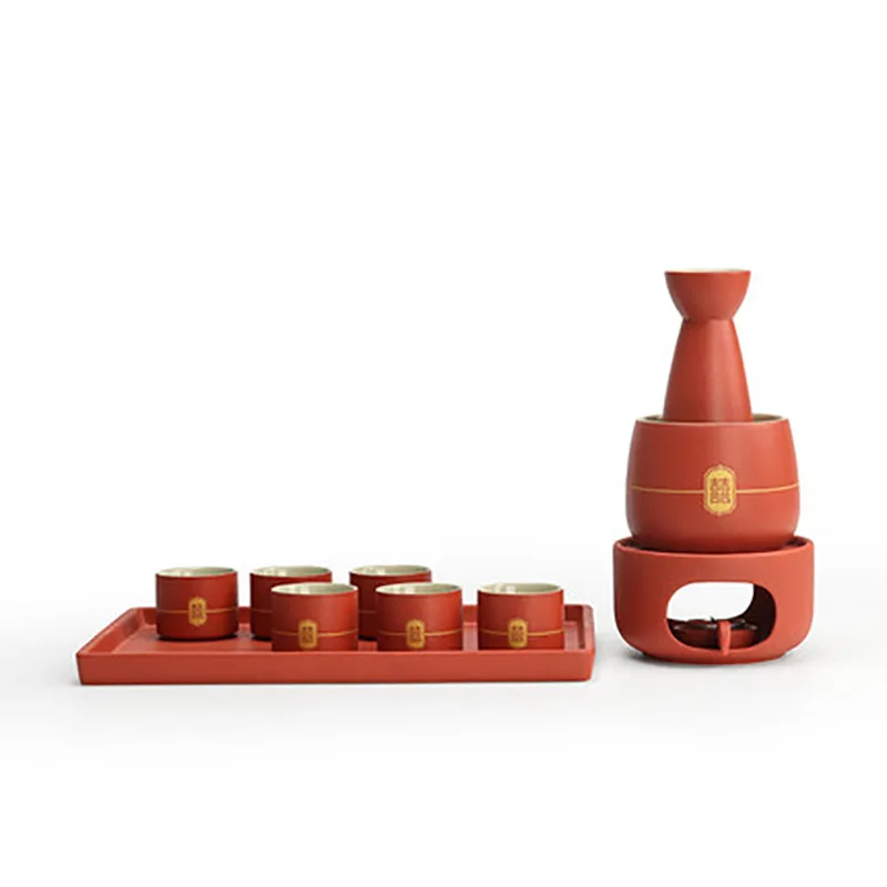 Chinese Ceramic Wine Set for Wedding, Red Wine Pot, Cup and Wood Tray, New Year Gift, Porcelain Household Accessories