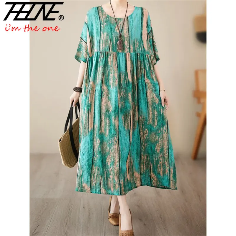 

Женское платье свободного покроя, повседневное винтажное длинное Хлопковое платье с принтом в корейском пляжном стиле, лето