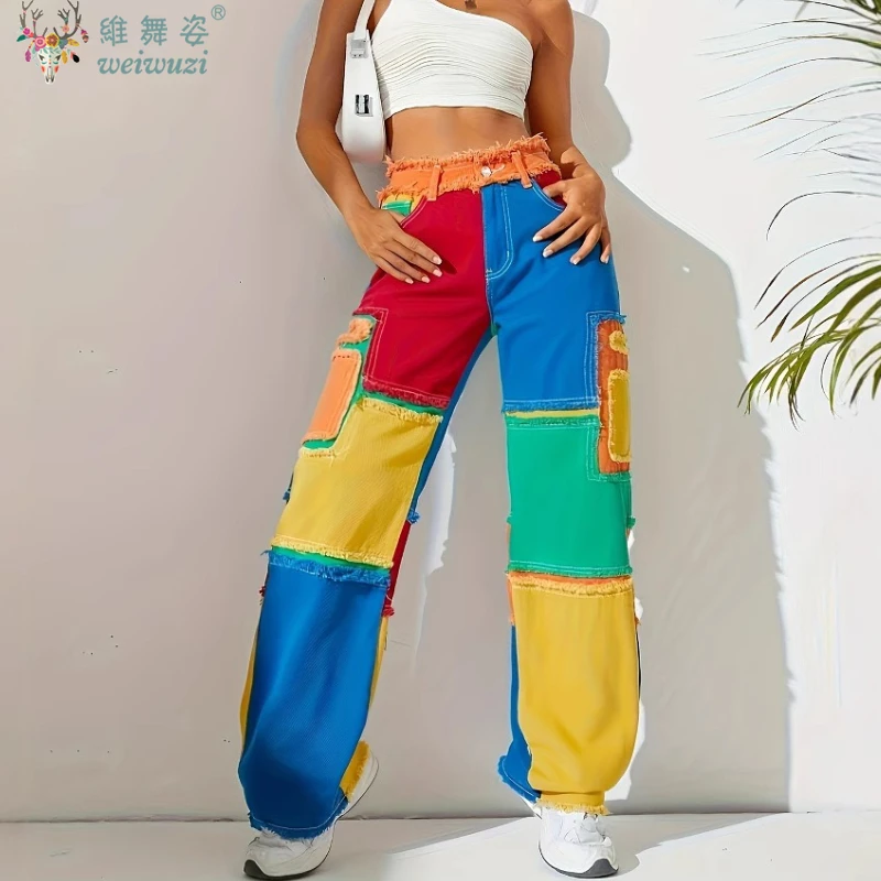 Y2K Women Colorful Jeans Distressed Hight Waist Denim Pants Loose Color-blocked Streetwear Energetic Cool HipHop Straight Jeans 5