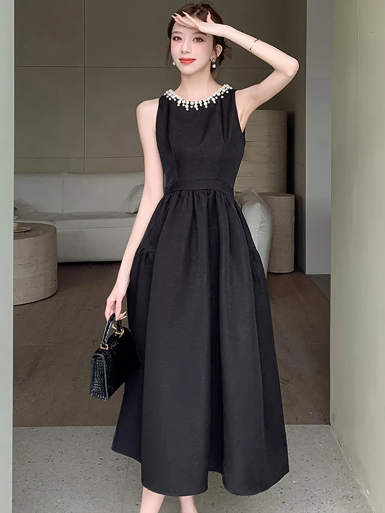 

Женское длинное платье SMTHMA, черное элегантное приталенное платье с круглым вырезом и жемчугом, лето 2019