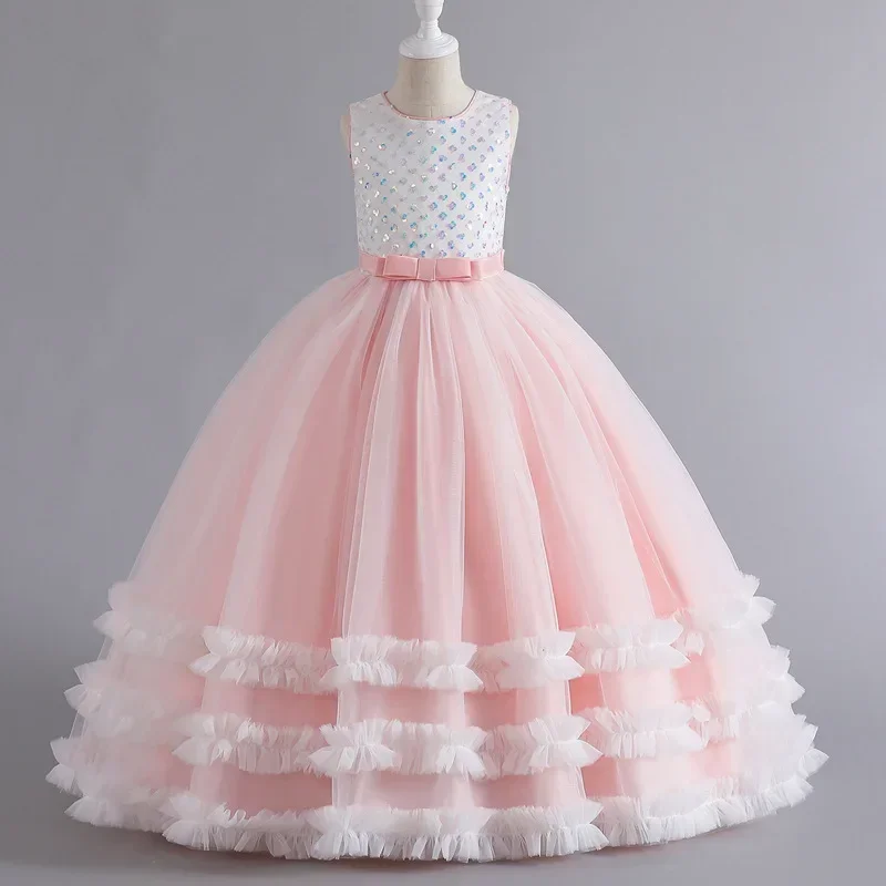 Girls Party Dress Lace Mesh Bow Kids Dresses for Girls Summer Children Girls Evening Dresses 2-10 Years