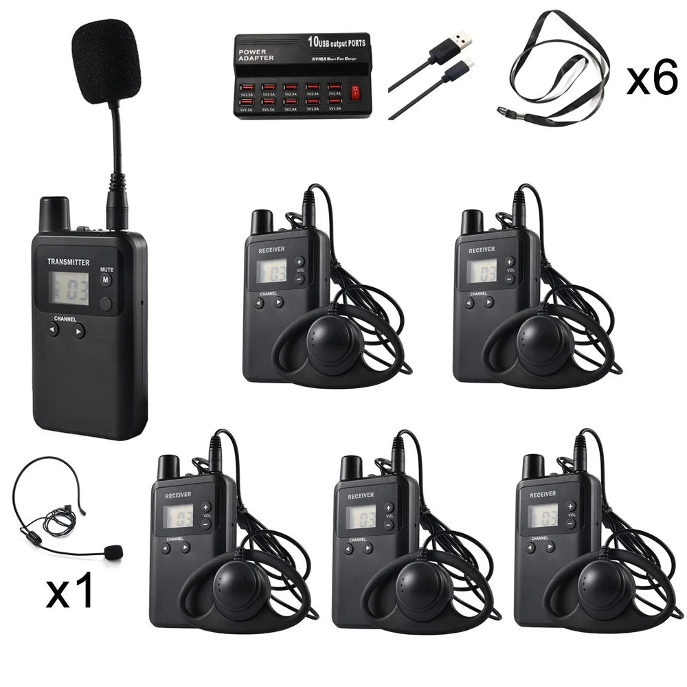 

Wireless Whisper Tour Guide System 1 Transmitter with 2 Microphones, 5 Receivers with 5 Earphones, 1 Charger with 10 Cables