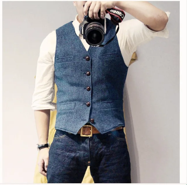 

Men's Suit Vest Blue Single Breasted Woolen Blended Mens Vest Denim Jeans Waistcoat Jacket Slim Fit Casual Formal Business