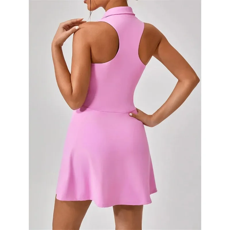 Women's Tennis Dress Women Turn Down Collar Front Zipper 2-in-1 Golf Sports Tight Dress Fitness Workout Running Pocket Skort
