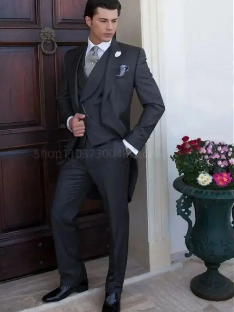 Dark Gray 3 Piece Men's Tuxedo Long Tail Blazer Suit Gentleman's Fashion Groom Jacket Vest with Pants for Wedding Party Prom