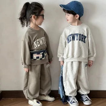 2025 Autumn Winter Cotton 2piece Set Boy Girl Loose Sporty Outfit Baby Casual Sweatshirt Pullover Top 3-10 Years Jumper Bottom
