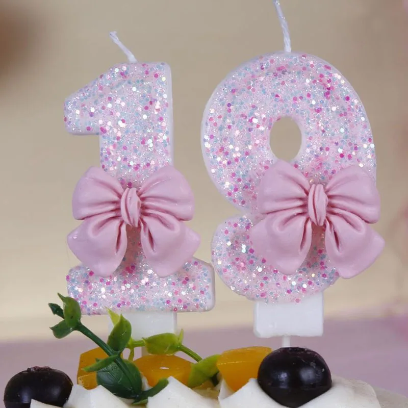 

Cute Pink 3D Number Candles Cake Decoration Glitter Bow Digital Candles Cake Topper Baking Celebration Birthday Party Supplies