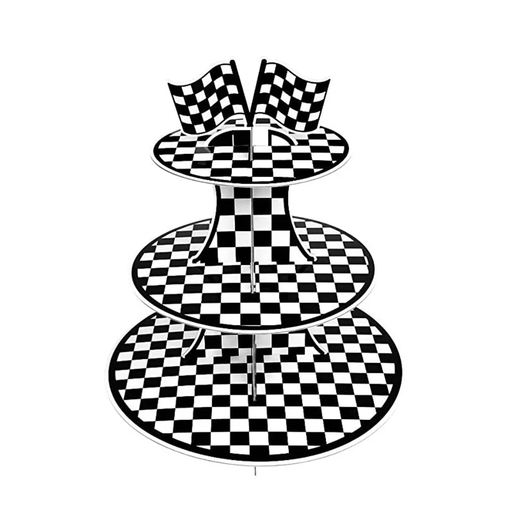עמדת קאפקייק מקרטון עגולה בנושא מכוניות מרוץ בשלושה רמות, שמיכת שולחן למסיבת יומולדת בצבע שחור ולבן עם קישוטי בדיקה