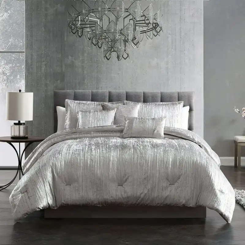 

7Piece Comforter Set, Queen, Silver, Turin Silver Crinkle Velvet, Polyfill
