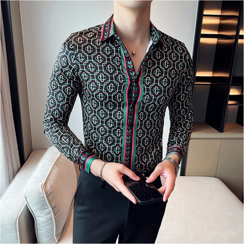 Chemise Homme All Seasons Fashion Print Long Sleeve Social Shirts