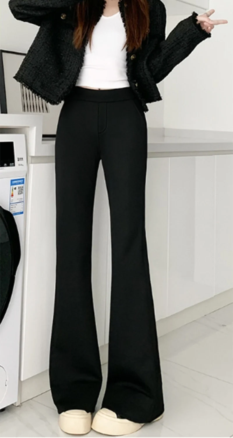 Temperament Black Slimming Flared Pants Women Autumn Chic Design Front Split Tight Trousers Casual High Waist Hip Lift Long Pant