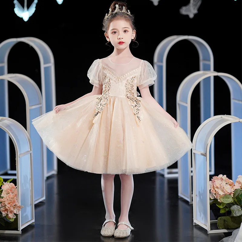 

Elegant Princess Champagne Sequins Dress Kids Girls Vintage Children Dresses Wedding Party Ball Gown