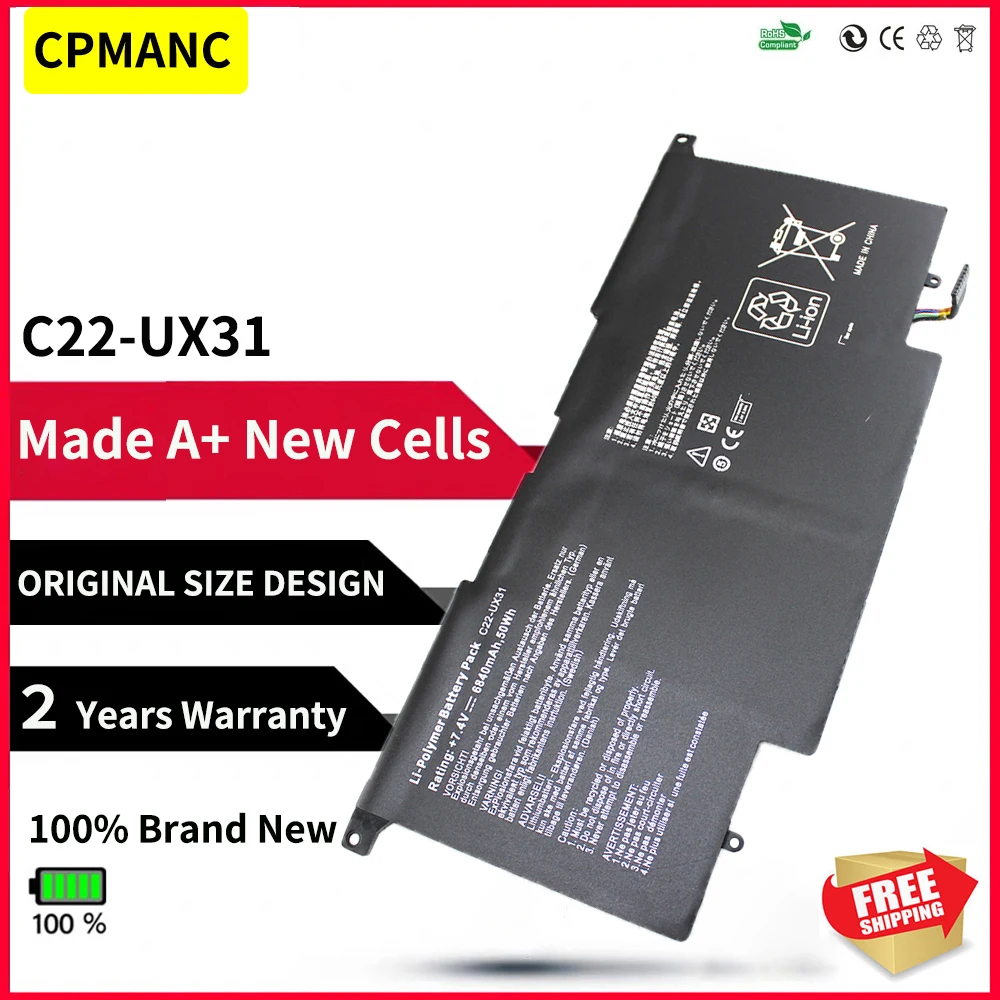 Bateria do Portátil para Asus Zenbook Ux31 Ux31a Ux31e Ux31e-dh72 C22-ux31 7.4v 50wh 6840mah C22 Ux31 Cpmanc-c22-ux31