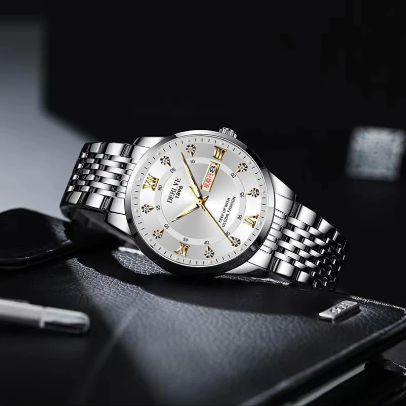 Men's Stainless Steel Luminous Sports Watch with Hidden Buckle and Calendar