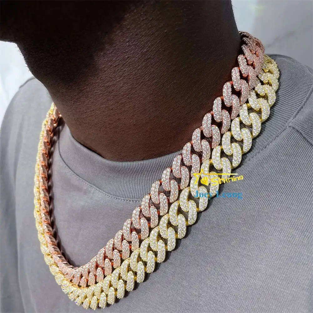 

Fine Jewelry Hip Hop Gold Plated 925 Silver 2 Rows 13mm 15mm Moissanite Diamond Iced Out Miami Cuban Link Chain Necklace for Men