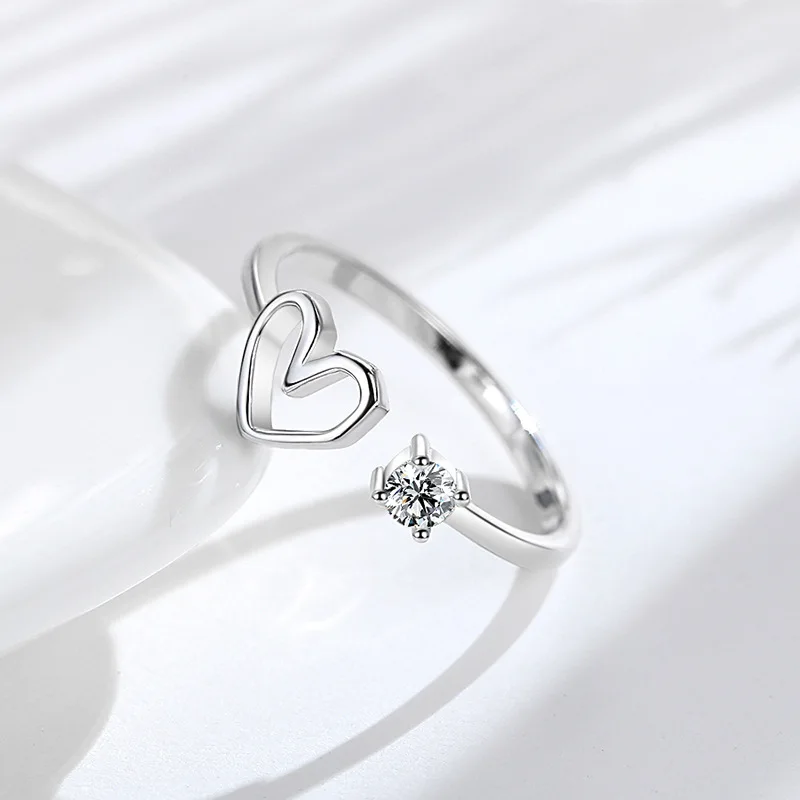 Korean Heart-shaped Hollow Zircon Opening Ring for Women Simple Sweet Finger Couple Rings Jewelry Gifts