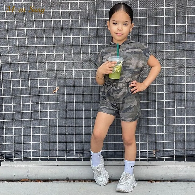 Moda Neonato Ragazza Camouflage Tuta Con Cappuccio Estate Neonato Bambino Bambino Tuta Manica Corta Tuta Vestiti Per Bambini 2-7Y