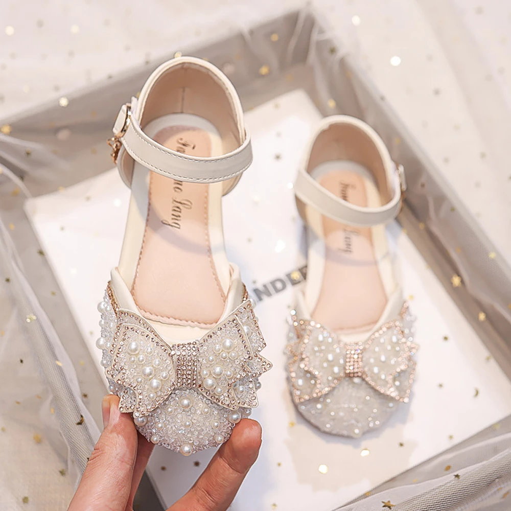 Fashion Girl Sandals Cute Bow Pearl Sequins Kid Princess Shoes Flat Heels children Dancing Size 21-36