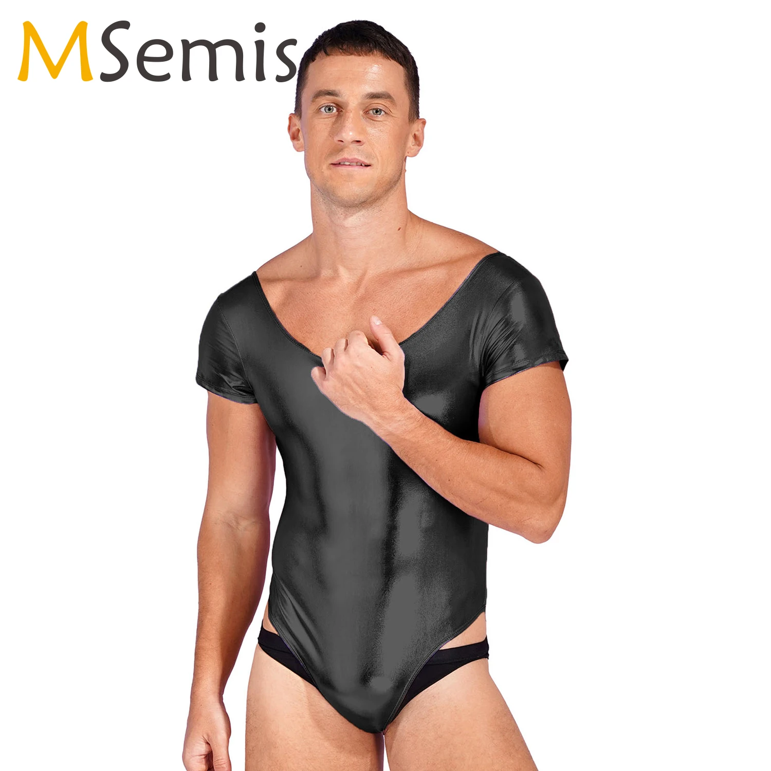 

Mens Shiny Patent Leather Bodysuit Short Sleeve One-piece Leotard Gymnastics Traning Ballet Stage Performance Dancewear Swimwear