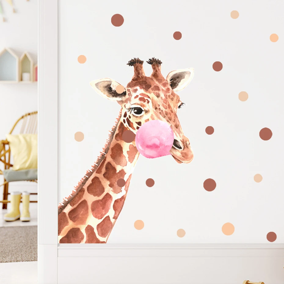 Cute Giraffe Floral Blowing Bubbles Watercolor Wall Sticker Polka
