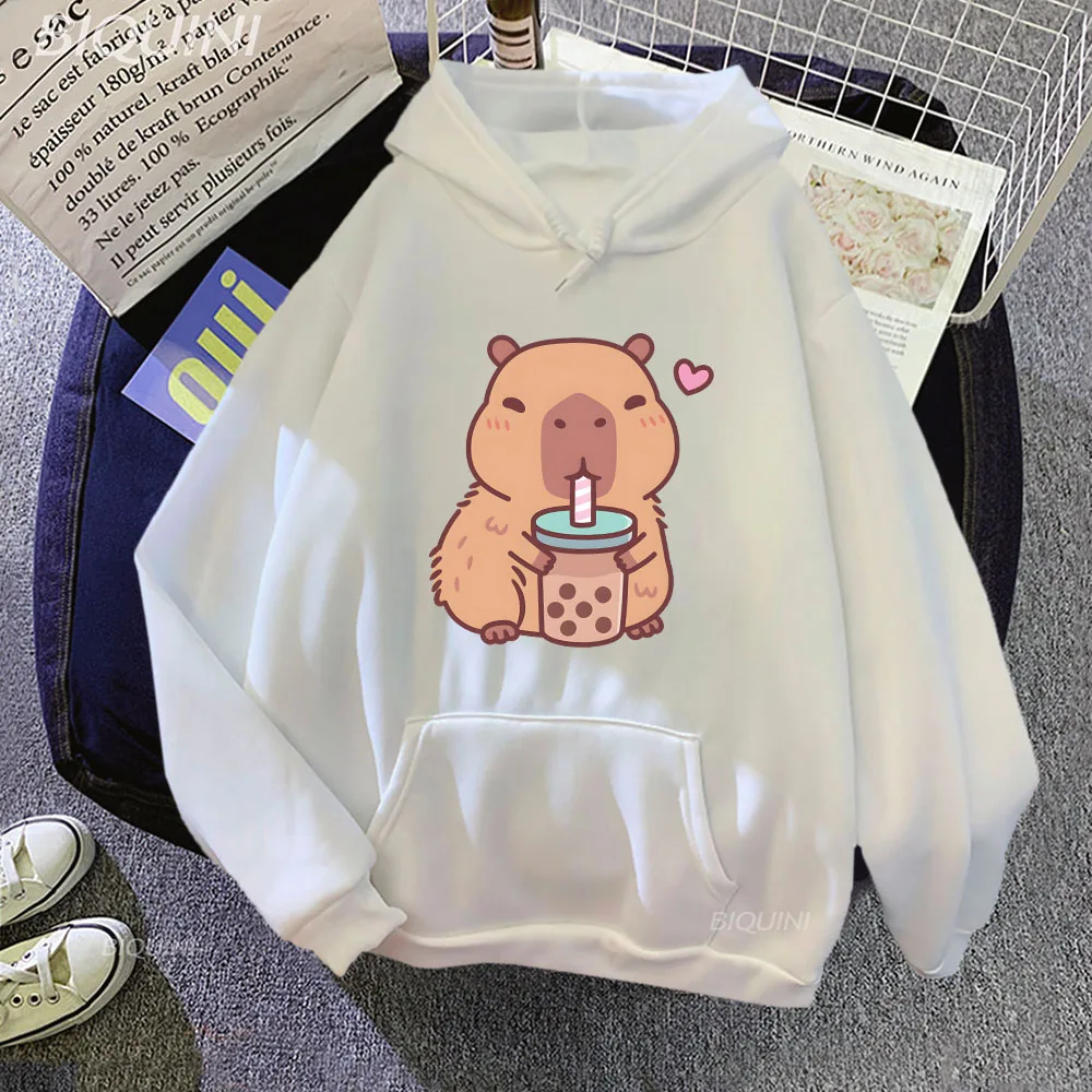 

Capybara Loves Drinking Bubble Tea Japanese Anime Hoodies Women Harajuku Cartoon Sweatshirts Autumn Pullovers Long Sleeve Y2k
