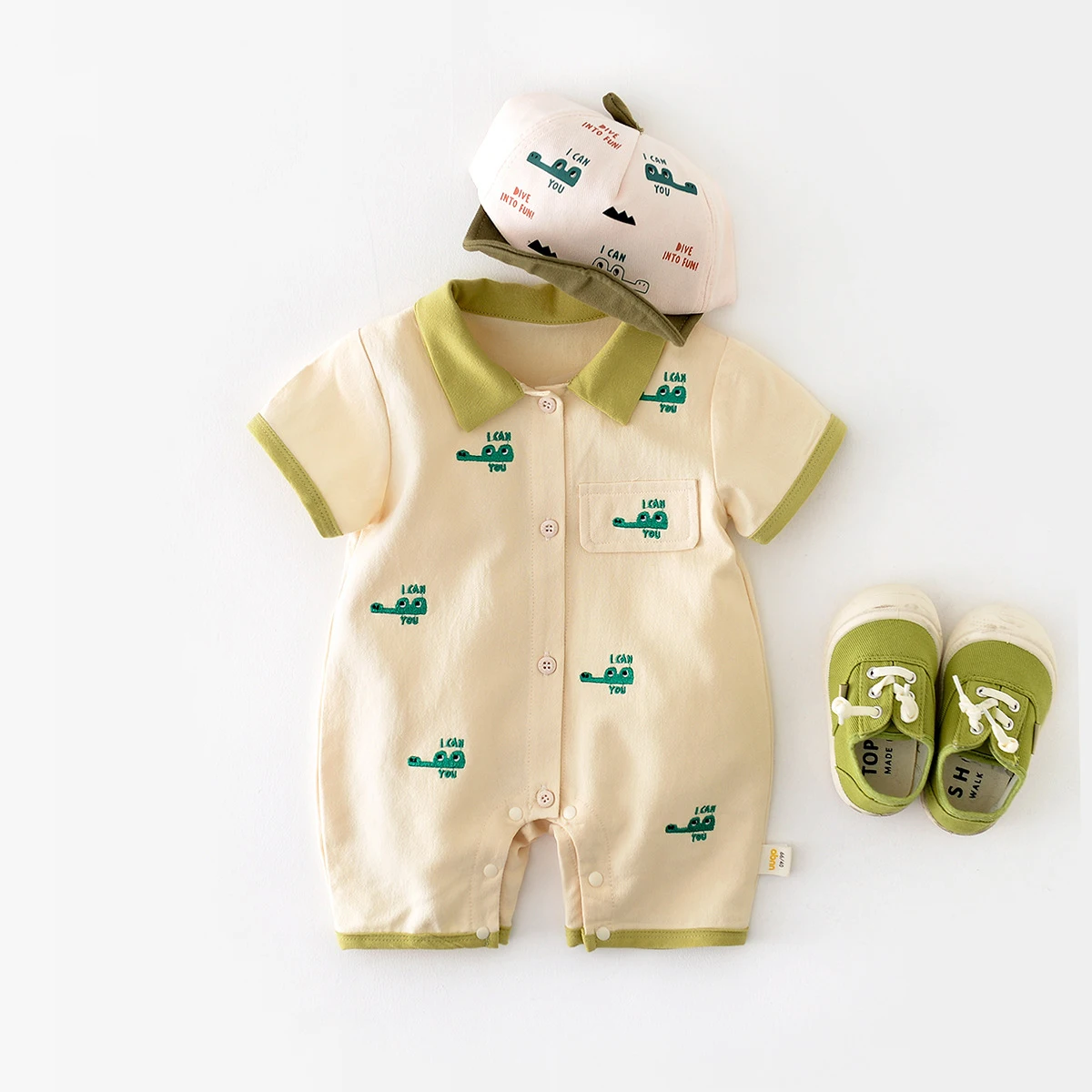 

2023 Summer Baby Boys Crocodile Embroidery Romper Cotton Lapel Casual Infant Boy Short Jumpsuit Newborn Clothing 0-2Y