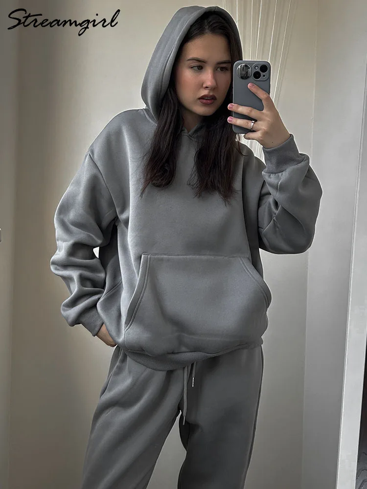 Gray Warm Fleece Suit For Women Winter Thick Velvet Pants Sets