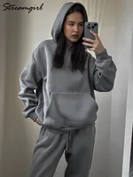 Gray Warm Fleece Suit For Women Winter Thick Velvet Pants Sets Sweatpants Sweatshirt Ladies Warrn Tracksuit Women Two Piece Set - Image 4