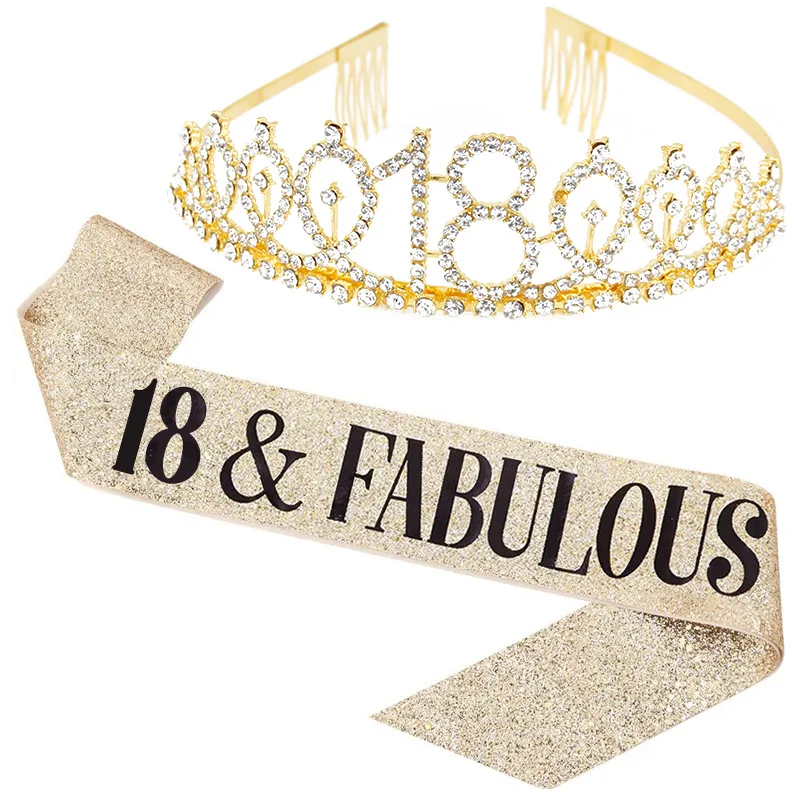 2PCS Fashion Birthday Party Set Women Girls Crowns With Combs Etiquette Belt Princess Tiaras Diadems 10 13 18 21 30 40 Years Old hair accessories bridal hair accessories crown headband bridal jewelry set