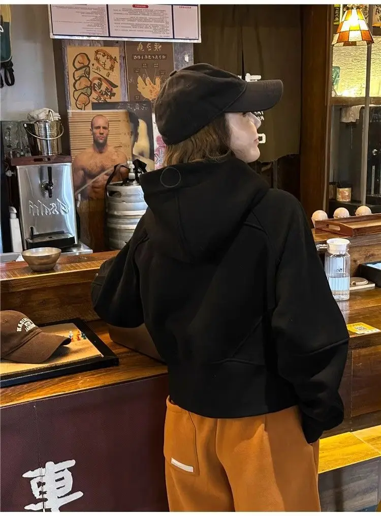 Women Solid Hoodies Fleeced Short Sweatshirts Long Sleeves Hooded Double Zipper Loose Fit Office Lady Elegant Casual 2026 Spring