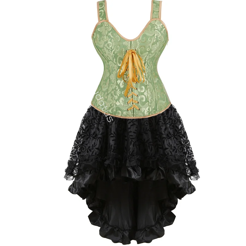 Black Corset Dress Top Skirt Set Plus Size Bustier Victorian Lace up Lingerie for Women Burlesque Gothic Style Korsett Mujer