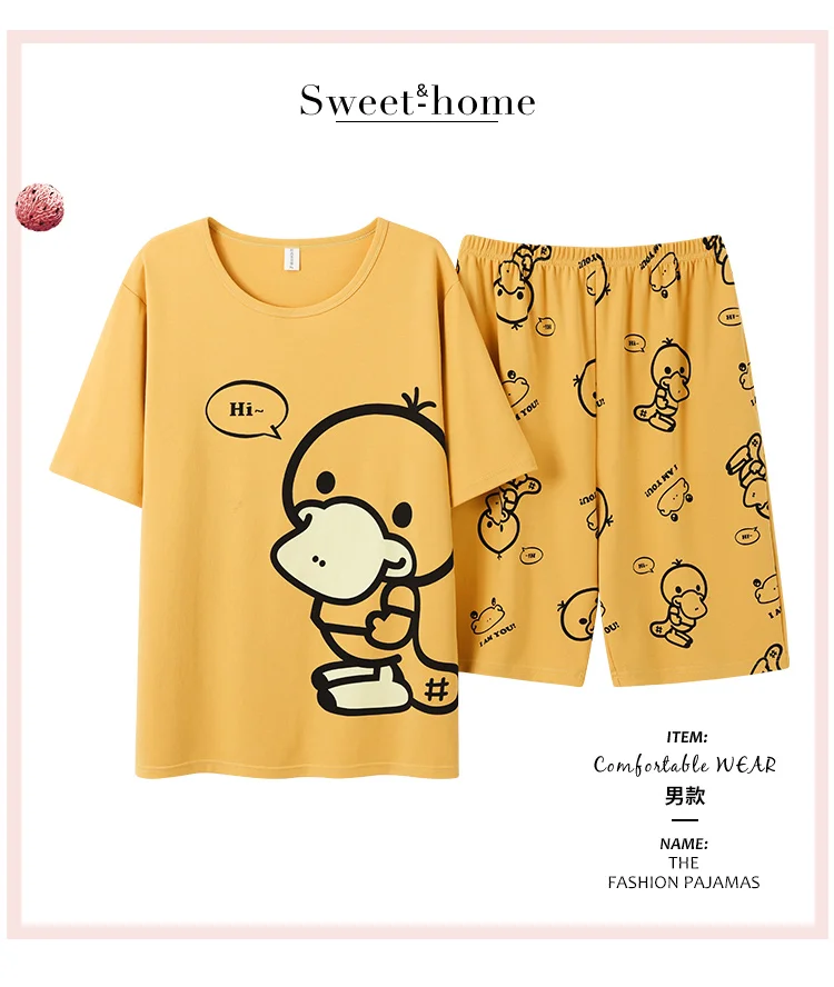 Summer New Cartoon Knitted Cotton Mens Pajama Sets Men's Sleep&Lounge Stripe Short Sleeved Pants Male Pajamas Fashion Homewear mens cotton pajama bottoms