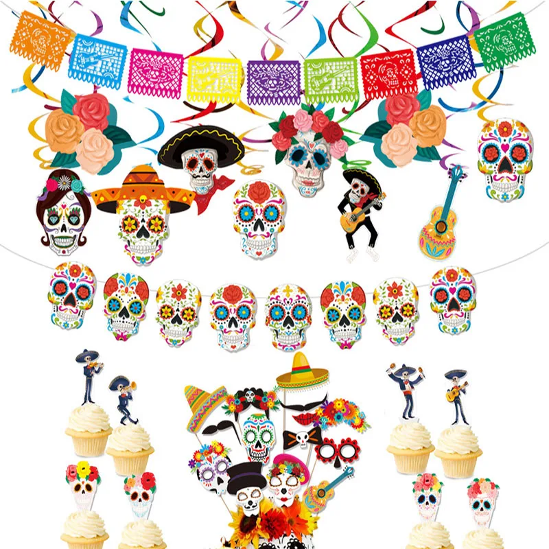 Mexico Day of The Dead Theme Skull Banner Multicolor Mexican Photography Backdrop Photo Booth Props Party Decorations