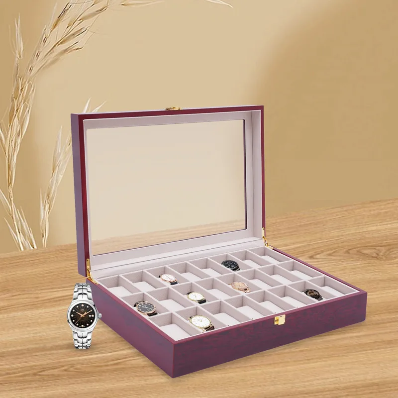 24 Slot Wooden Watch Organizer Case Display Box Glass Top Jewelry Storage Box With Lock Room Display Storage Organizer 4