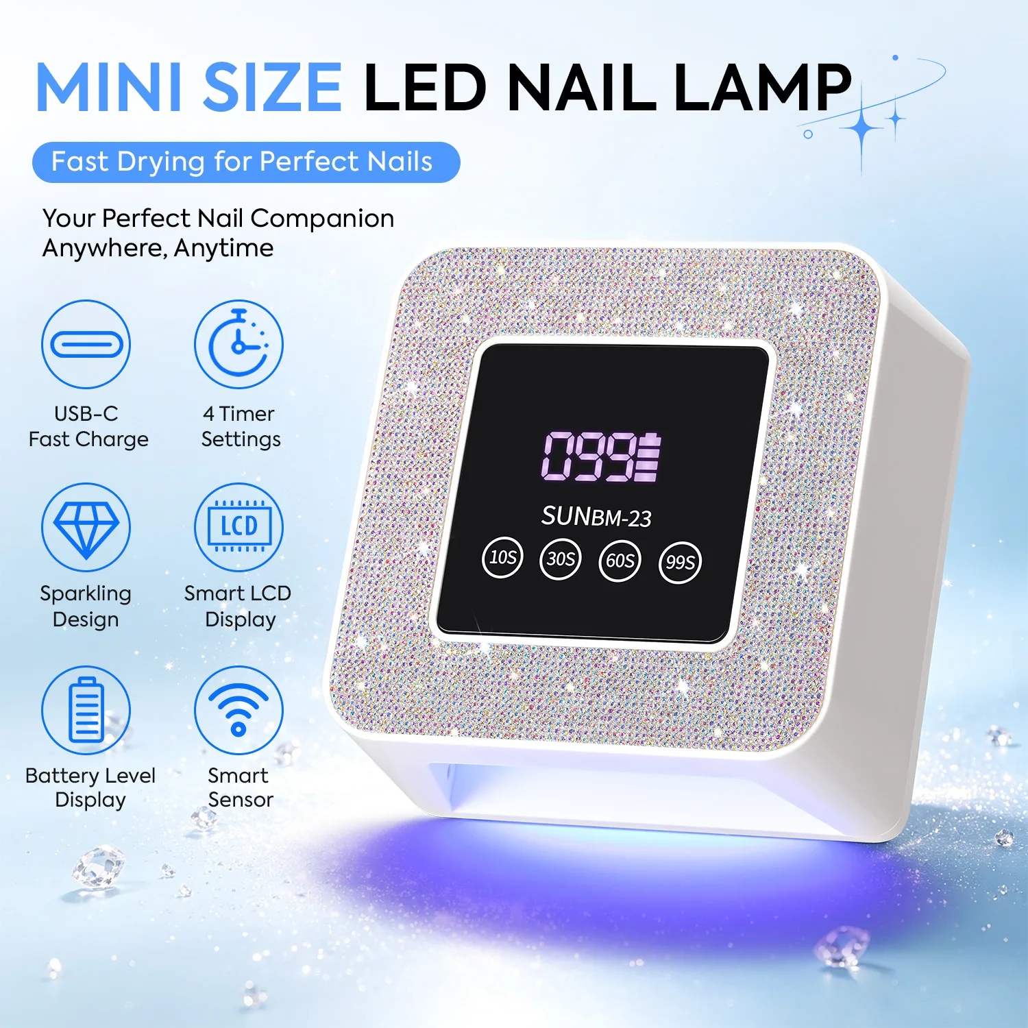 SUNBM-23 무선 UV LED 네일 램프 블링 라인스톤 커버 2000mAh 충전식 네일 드라이어 21개 듀얼 라이트 비즈 4개 타이머 자동