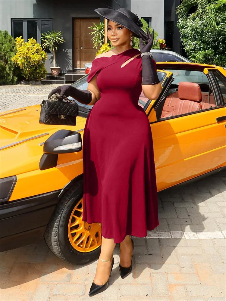 Wmstar Plus Size Dress Women Wholesale Short Sleeve Hollow Out Solid Color Cinched Waist Dress with A Slanted Collar Cutouts