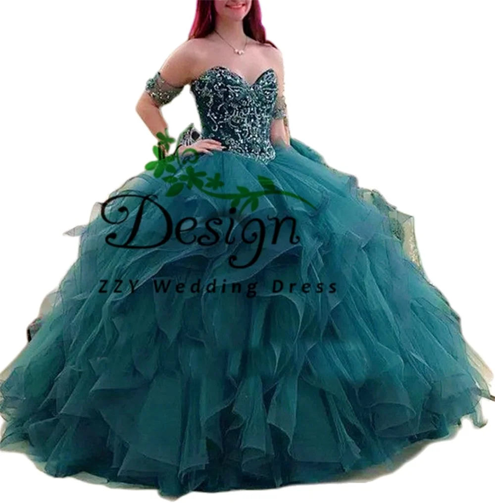 

Exqusite Green Tulle Sweetheart Neckline Beading Emboridery Ball Gown Multi-Layers Tiered Custom-Made Dresses Dress Quinceanera