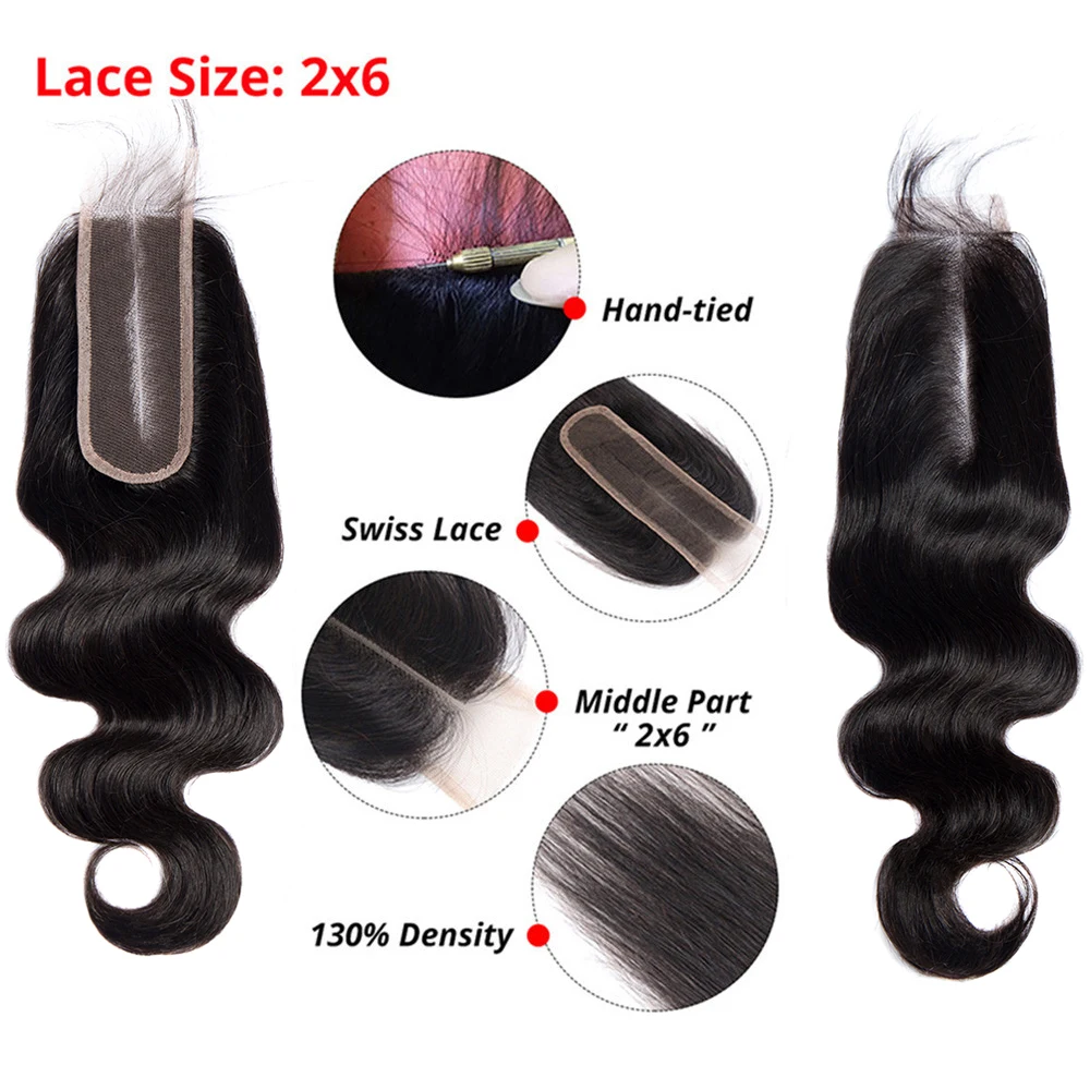 Body Wave 2x6 Closure Human Hair Transparent 2x6 Lace Closure Hair Extensions for Women Straight Hair Natural Color Pre Plucked 5