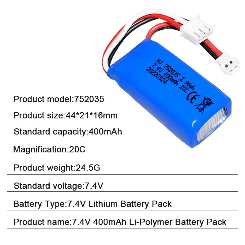 Batterie drone 7.4V Li-ion avec connecteur JST, vue de côté