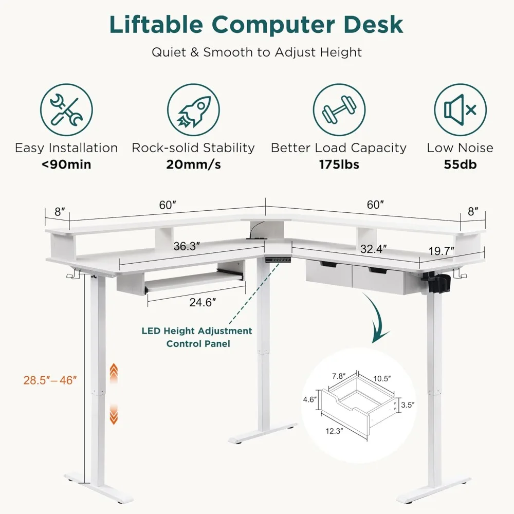 60 Inches L Shaped Electric Standing Desk, Height Adjustable Corner Gaming Desk with Drawers, Keyboard Tray, Power Outlets 2
