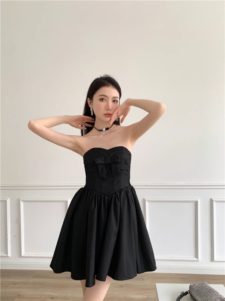 

ZCSMLL Sexy Black Strapless Corset Dress For Women 2022 Summer Party Backless Ball Gown Tube Dress Bow Tie Clothing