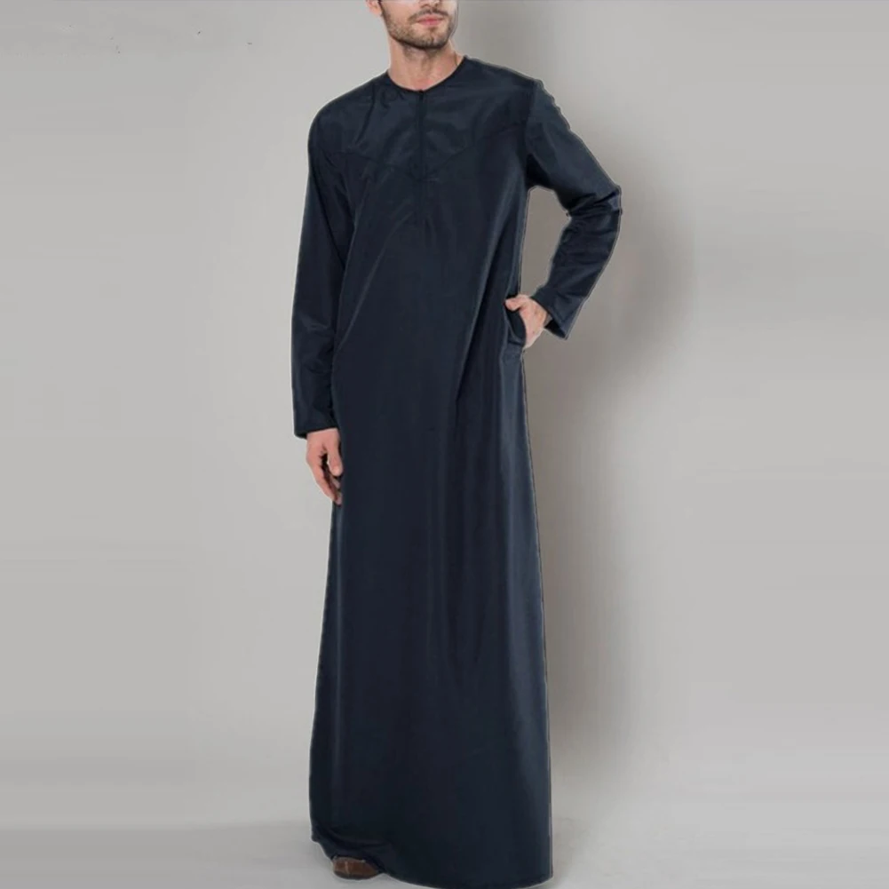 Male Long Shirt Muslim Personalized Solid Color Arab Thobe Comfortable Cotton Kaftan Robes Long Shirt Long Sleeve