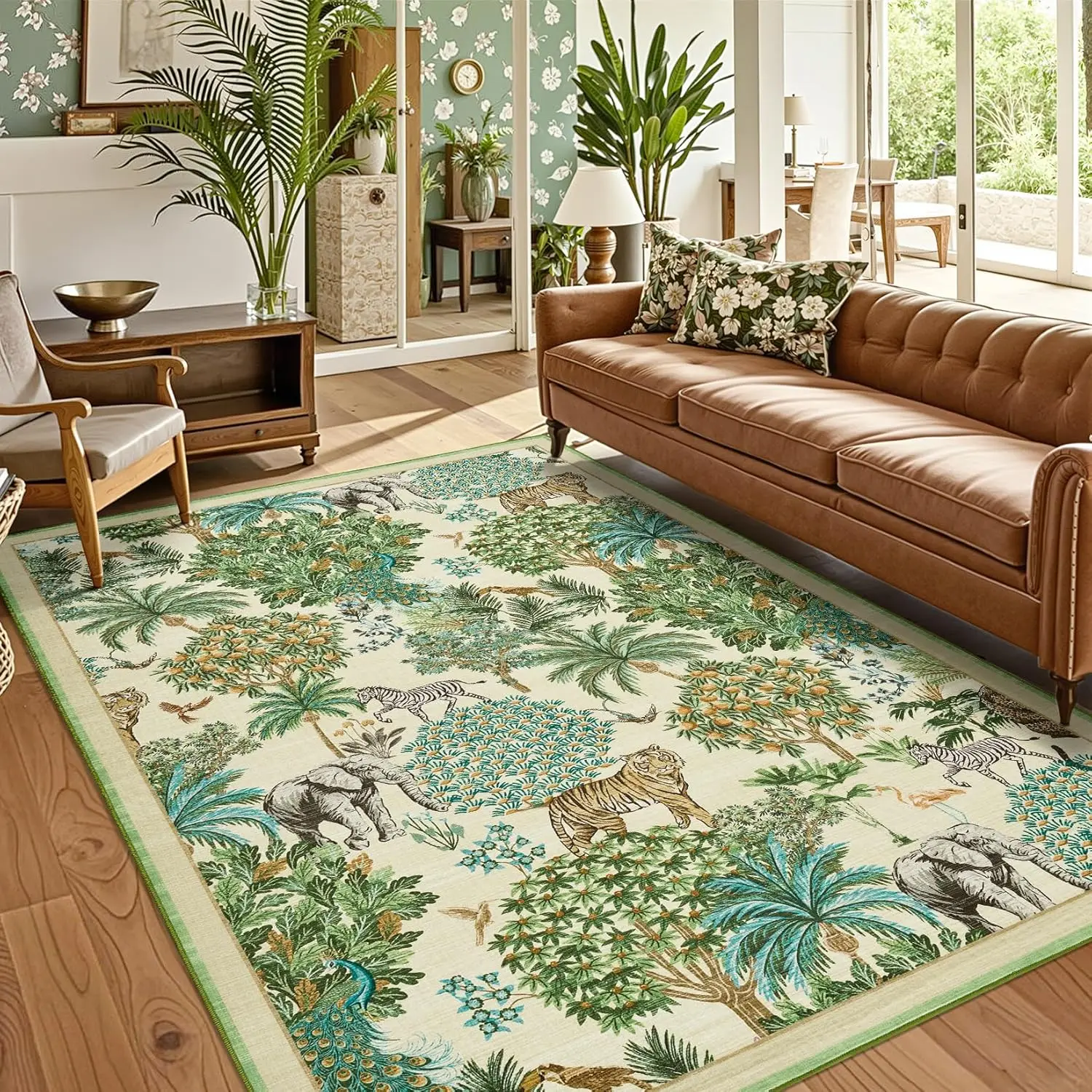 Jungle Animal Print Area Rug, Soft Non Slip Forest Botanical Carpet, Large Stain Resistant Indoor Rug for Living Room, Bedroom, Nursery, Playroom — Color: Beige / Size: 80x150cm