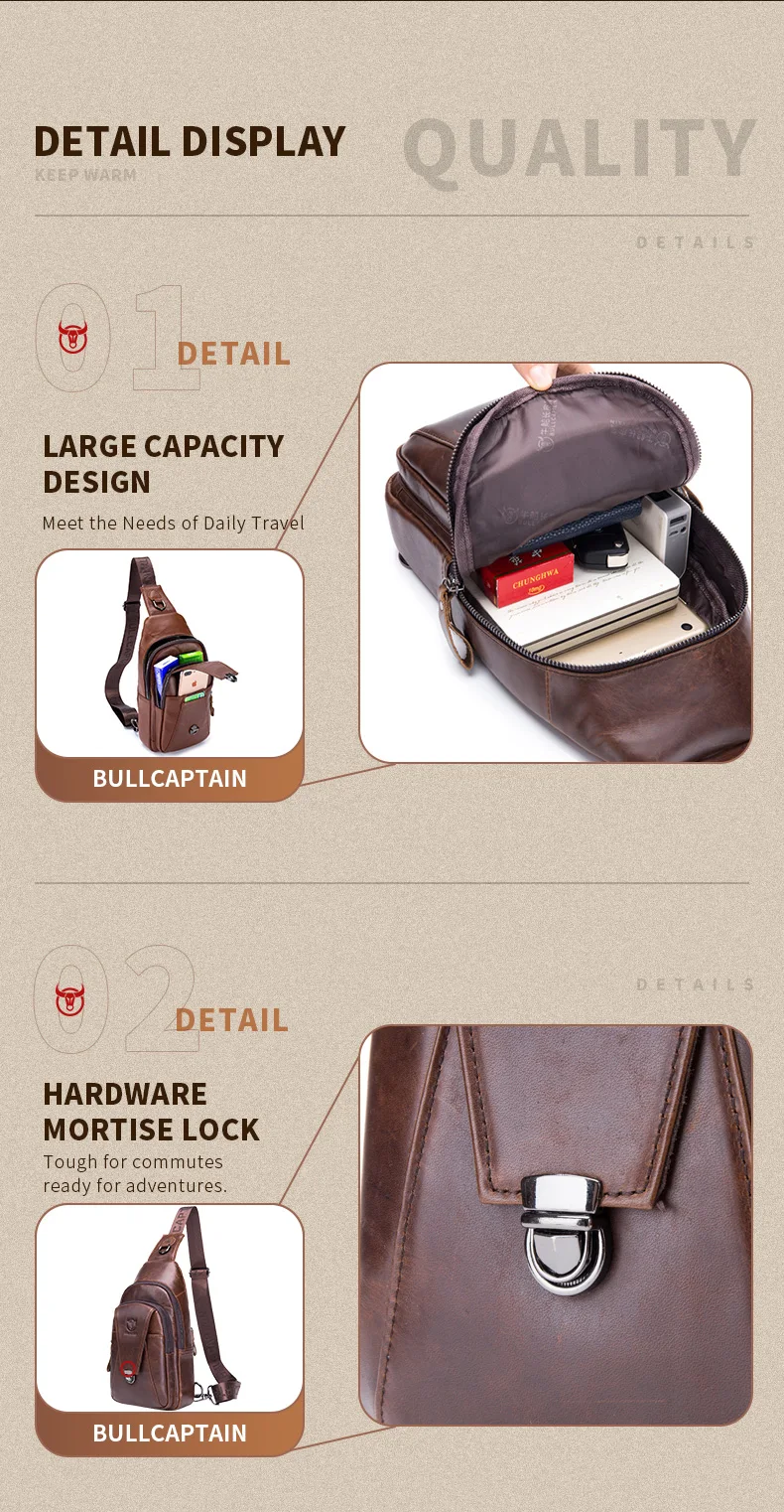 BULLCAPTAIN Echtes Leder Brust Rucksack Brust Tasche Männer Mode Umhängetasche Multifunktionale Karte Bages Handy Taschen – Detail 11